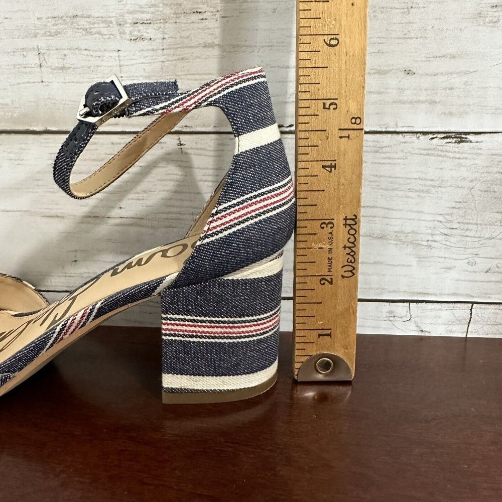 Sam Edelman Women's Denim Stripe Susie Ankle Buckle Heels 7.5 M Red White Blue - Picture 11 of 11